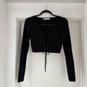 Black Ribbed Knit Tie-Front Cropped Sweater